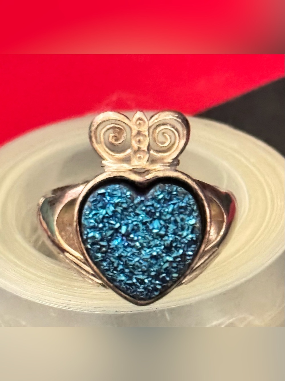 Ireland Claddagh Ring - Drusy Blue, Sterling Silver, Size 7